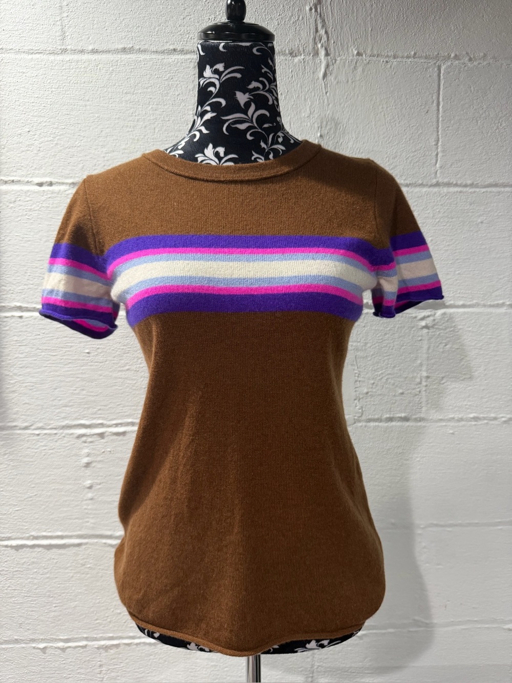 J Crew 100% Cashmere Short Sleeve Striped Knit Sweater Brown Purple Womens M